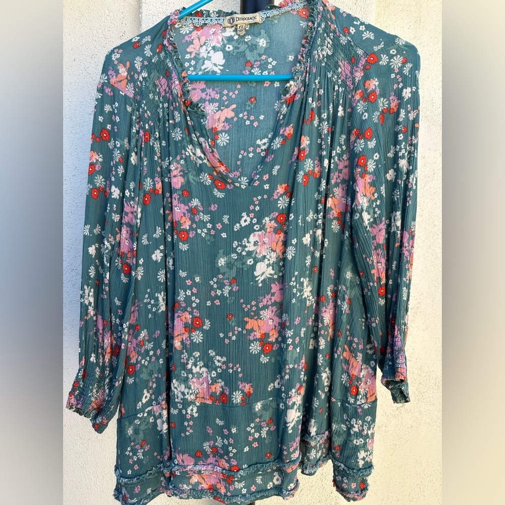 Democracy Teal Floral blouse with Pink & Red Blooms